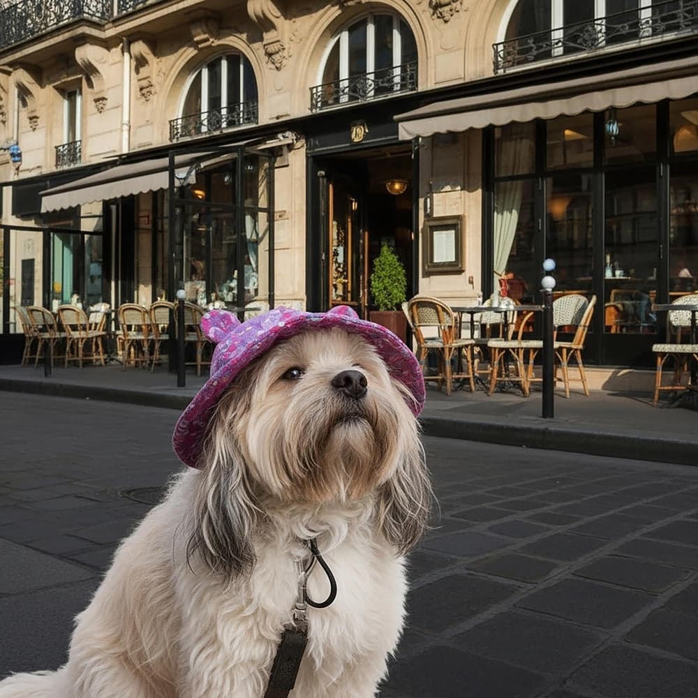 A dog sitting outside a street café